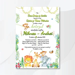 Invitatii botez online Safari cu animăluţe, culoare verde