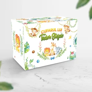 Cutie cartonata pentru plicuri de bani botez, cu tematica Safari, personalizata cu nume, data si mesaj