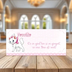 plic bani botez cu pisica Marie roz pentru fetiță