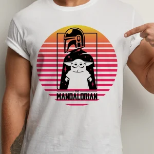 Tricou Mandalorian şi Grogu Retro Sunset, Regular Fit, bumbac 100%, culoare alb și negru