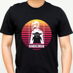 Tricou Mandalorian şi Grogu Retro Sunset, Regular Fit, bumbac 100%, culoare alb și negru