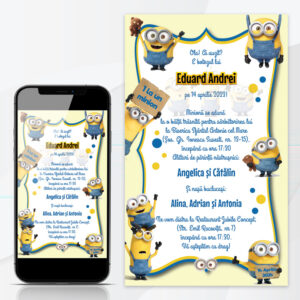 Invitatie online cu Minioni, personalizata cu textul tau, pentru botezuri, aniversari