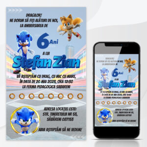 Invitatie online cu personajul Super Sonic, pentru aniversare sau botez
