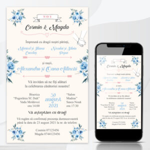 Invitatie pentru nunta digitala, cu flori albastre watercolor si fundal crem, personalizata