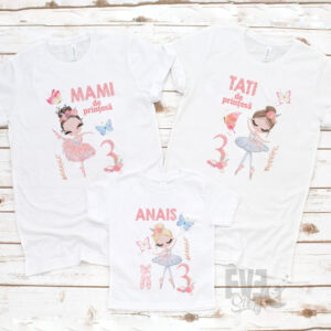 Tricouri personalizate familie Balerina, set format din 3 tricouri albe pentru aniversari, personalizate cu text si mesaj