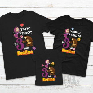 Set de tricouri negre pentru aniversari, personalizate cu nume, cu personajele Masha si Ursul