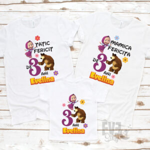 Set de tricouri albe personalizate cu nume si text, cu personajele Masha si Ursul