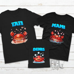 Set de tricouri pentru familie, de culoare neagra, cu tematica Crabi, personalizate cu nume