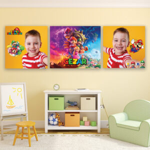 Set de 3 tablouri personalizate cu 2 poze si nume cu tematica Super Mario, pentru decorarea camerei.