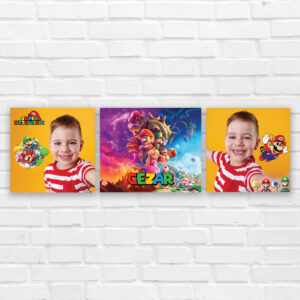 Set de 3 tablouri multicanvas, personalizate cu 2 poze si nume cu tematica Super Mario, pentru decorarea camerei.