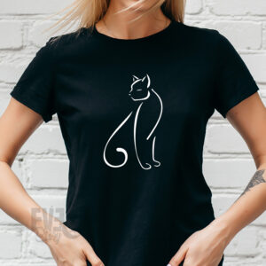 Tricou Cat pentru dame, culoare negru, maneca scurta, imprimeu cu silueta de pisica