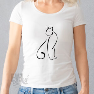Tricou Cat pentru dame, culoare alba, maneca scurta, imprimeu cu silueta de pisica