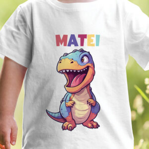 Tricou alb pentru copii cu imprimeu dinozaur, personalizat cu nume