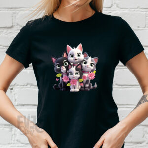 Tricou negru de dama, cu imprimeu cu 4 pisici si flori