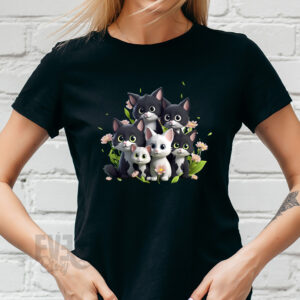 Tricou negru de dama, cu imprimeu cu familie de 6 pisici