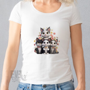 Tricou alb, de dama sau barbati, cu imprimeu cu familie de 4 pisici si flori