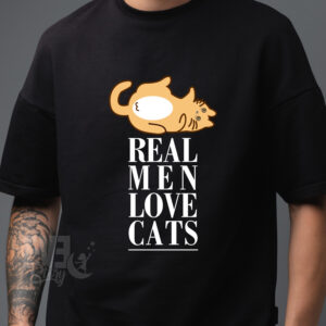 Tricou negru pentru barbati, cu pisica si mesajul Real Men Love Cats