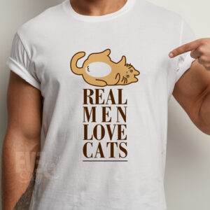Tricou alb pentru barbati, cu pisica si mesajul Real Men Love Cats
