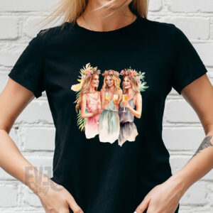 Tricou negru de dame cu imprimeu cu 3 fete cu coroane din flori, pentru petrecerea burlacitelor sau pentru aniversari
