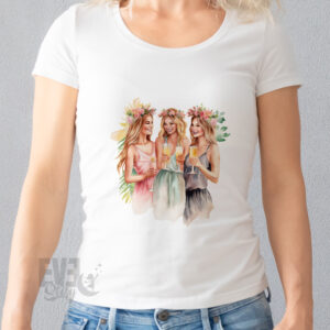 Tricou alb de dame cu imprimeu cu 3 fete cu coroane din flori, pentru petrecerea burlacitelor sau pentru aniversari