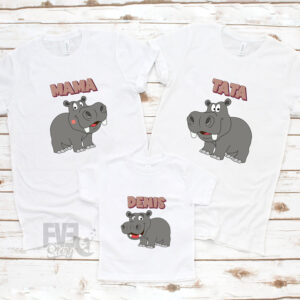 Set de 3 tricouri albe, pentru familie, personalizate cu nume, cu tematica hipopotami