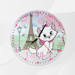 Ceas de perete pentru copii cu tematica Pisica Marie, personalizat cu nume