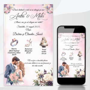 Invitatie de nunta online cu tematica Miri si Flori si fundal roz, top video, personalizata cu propriul text