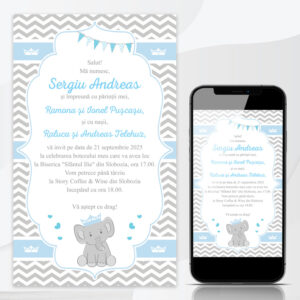 Invitatie pentru botez online cu tematica elefantel, cu fundal gri si bleu