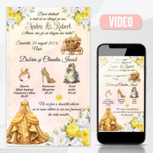 Invitatie de nunta online, tip video, cu tematica auriu si flori galbene, cu fundal crem si roz