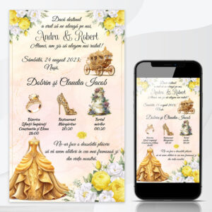Invitatie de nunta online cu tematica auriu si flori galbene cu fundal crem si roz, personalizata cu text
