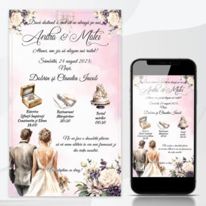 Invitatie online tip video pentru nunta, cu tematica miri si flori, cu fundal roz watercolor, personalizata cu text