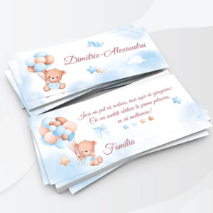 Plicuri de bani din carton pentru darul de botez, imprimate cu fundal bleu si ursulet cu baloane