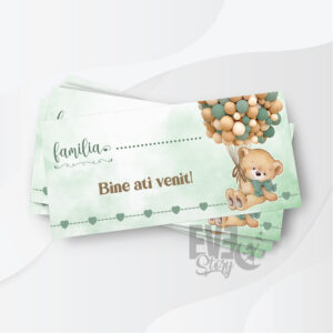Plicuri de bani pentru botez cu tematica ursulet cu baloane si fundal verde, personalizate cu text