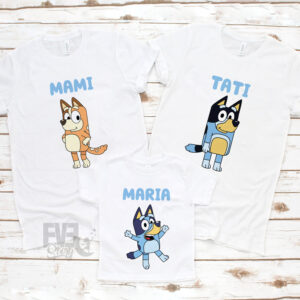 Set de 3 tricouri albe pentru aniversari cu personaje din Bluey si Bingo, personalizate cu nume sau text