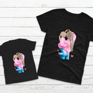 Set de 2 tricouri pentru mama si fiica, culoare negru, cu imprimeu mama si fiica