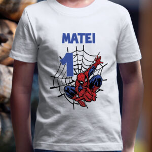 Tricouri personalizate 1 an baiat cu tematica Spiderman, culoare alb