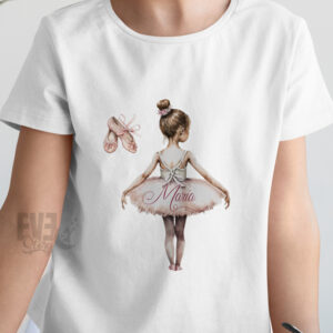 Tricou alb pentru fetite cu imprimeu balerina, personalizat cu nume