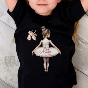 Tricou negru pentru fetite cu imprimeu balerina, personalizat cu nume