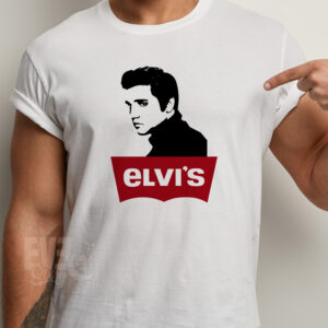 Tricou alb pentru barbati cu Elvis Presley si textul Elvi's in logo-ul Levi's