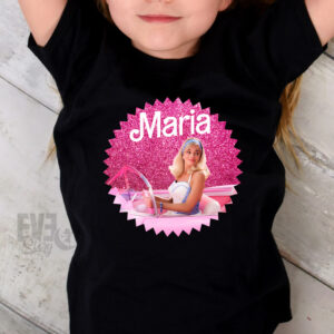 Tricou negru pentru fetite cu imprimeu Barbie, personalizat cu nume