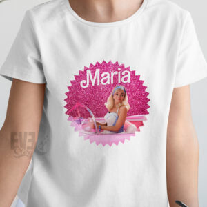 Tricou alb pentru copii, personalizat cu nume, cu imprimeu Barbie