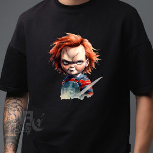 Tricou negru din bumbac cu imprimeu Chucky din colectia tricouri halloween