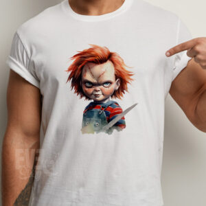 Tricou alb din bumbac cu imprimeu Chucky din colectia tricouri halloween