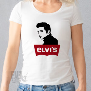 Tricou alb pentru femei cu Elvis Presley si textul Elvi's in logo-ul Levi's