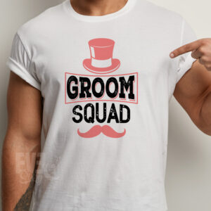 Tricou alb pentru barbati, cu imprimeu Groom Squad, pentru petrecerea burlacilor