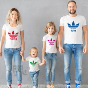 Set de tricouri albe pentru familie, personalizate cu nume si logo-ul adidas