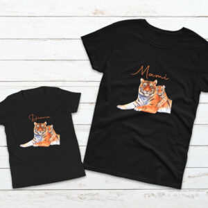 Set de tricouri negre pentru mama si fiica, cu imprimeu tigri, personalizate cu text