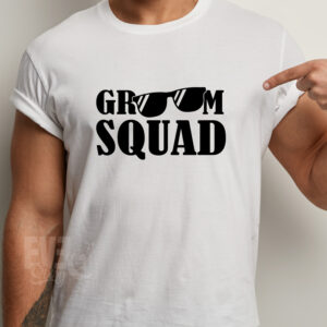 Tricou alb pentru barbati, cu imprimeu Groom Squad, pentru petrecerea burlacilor