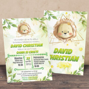 Invitatie de botez pentru baietei realizata din carton fotografic calitativ, cu tematica Lion Safari, personalizata cu orice text