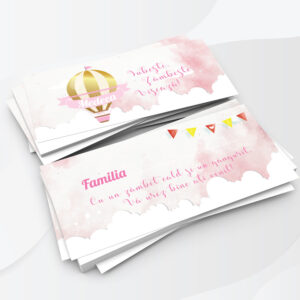 Plic de bani pentru botez cu fundal roz si balon de aer auriu, personalizate cu text